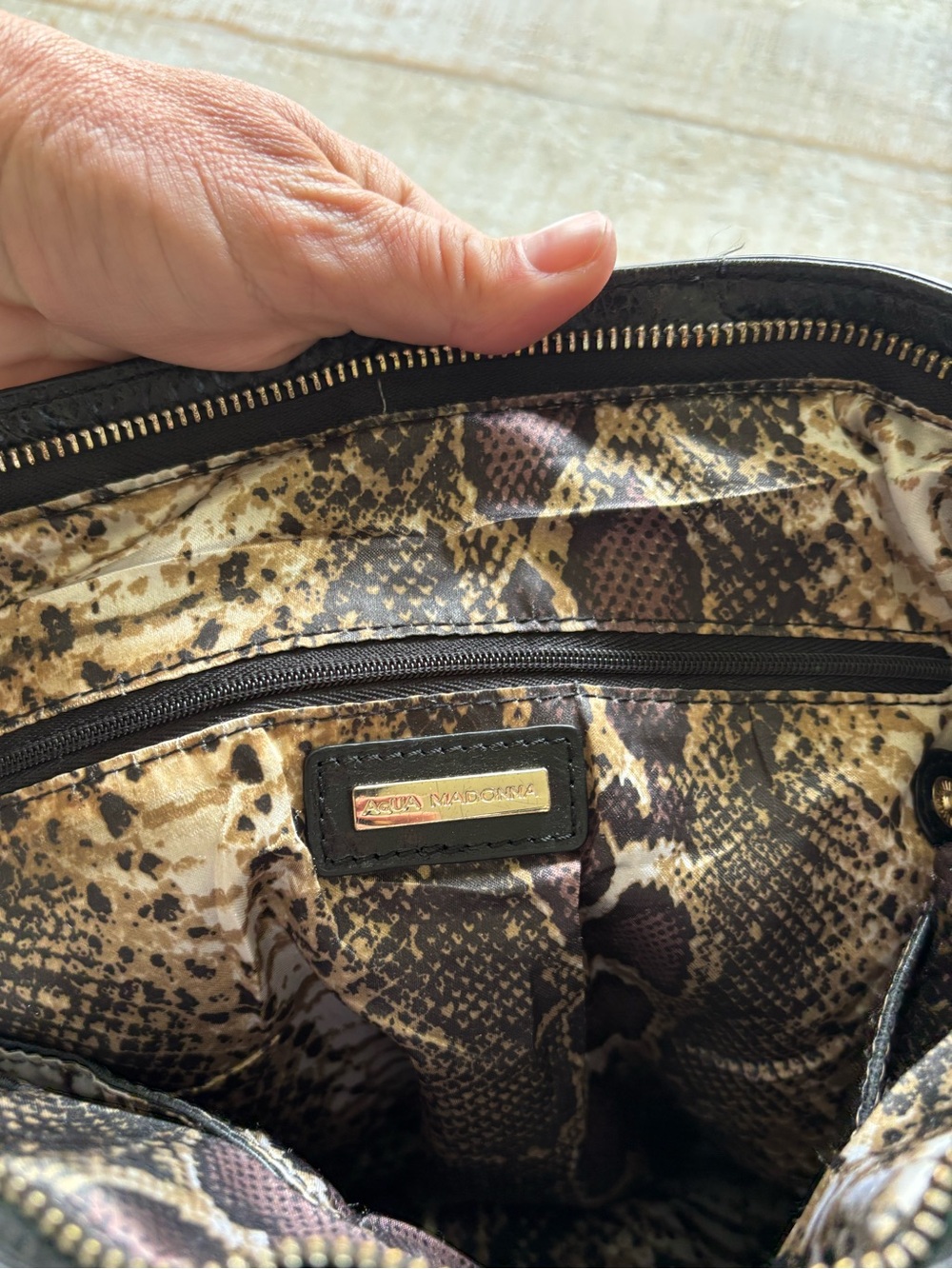 Large Leather Bag with snakeskin pattern inside. Excellent condition!!